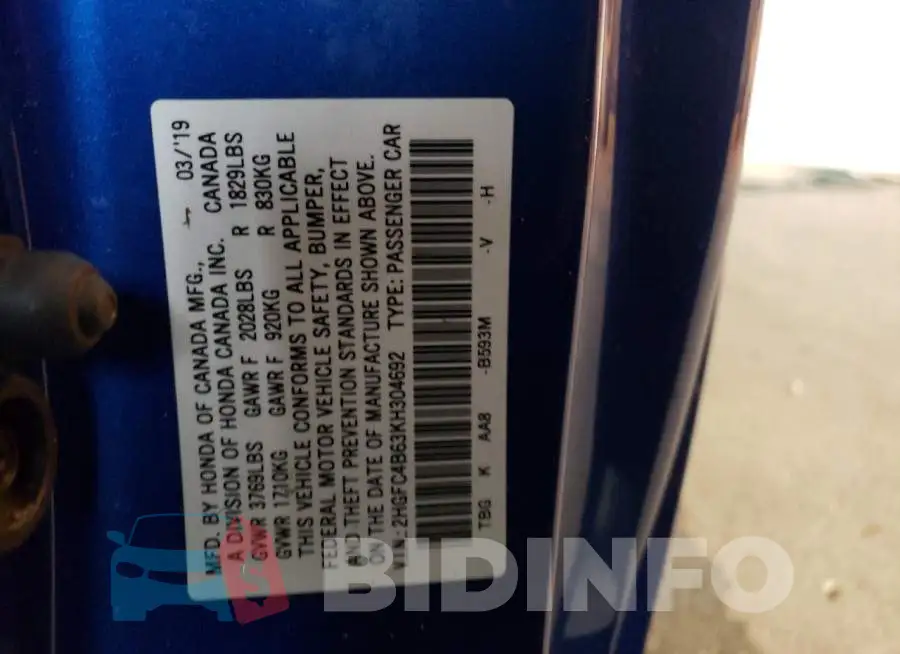 2HGFC4B63KH304692 Photo# 12