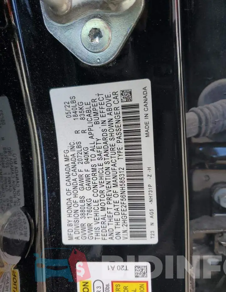 2HGFE2F56NH585312 Photo# 12