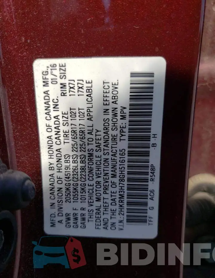 2HKRM3H78GH516165 Photo# 14