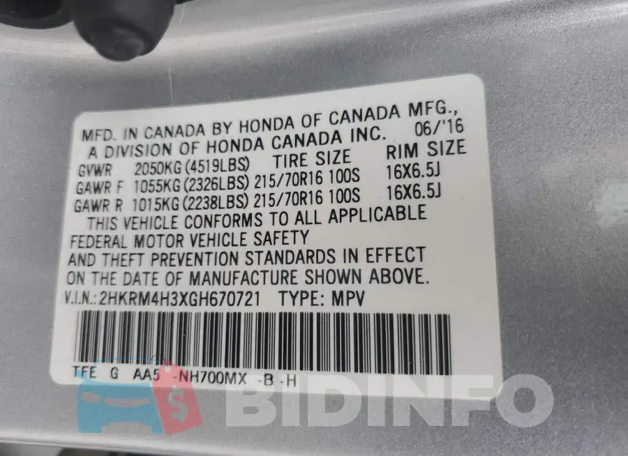2HKRM4H3XGH670721 Photo# 13