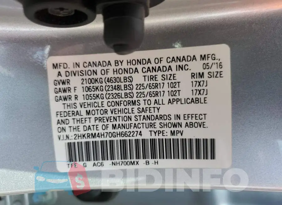 2HKRM4H70GH662274 Photo# 13