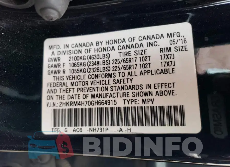 2HKRM4H70GH664915 Photo# 12
