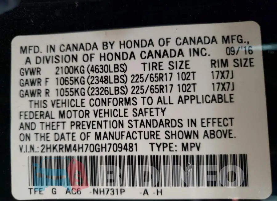 2HKRM4H70GH709481 Photo# 14