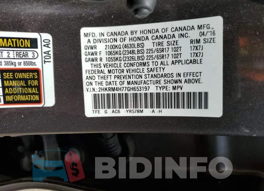 2HKRM4H77GH653197 Photo# 12