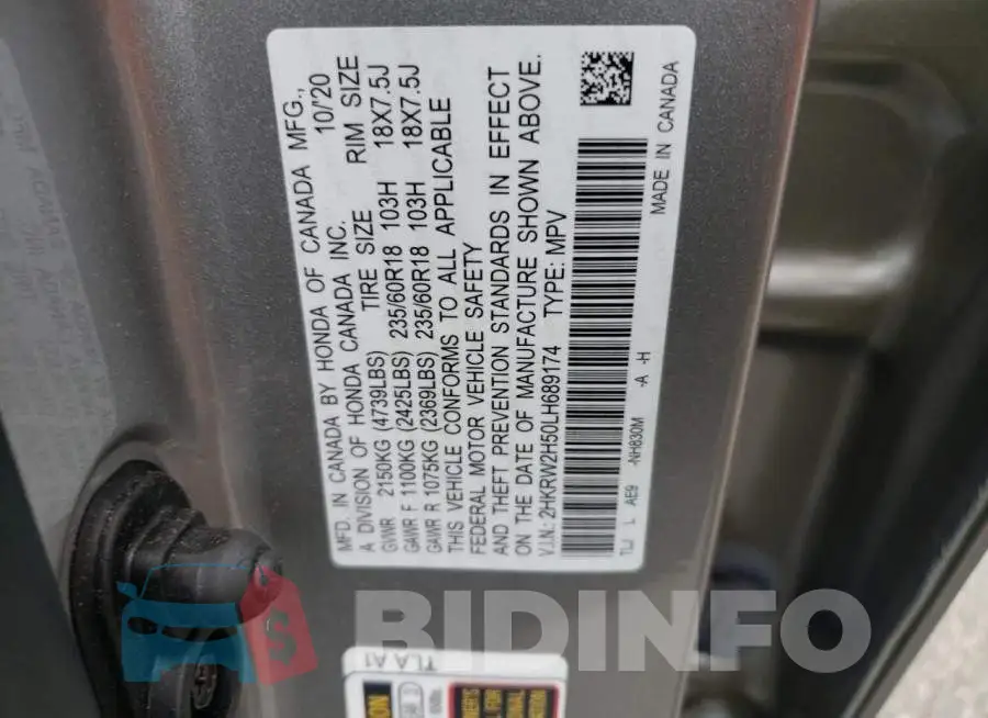 2HKRW2H50LH689174 Photo# 13