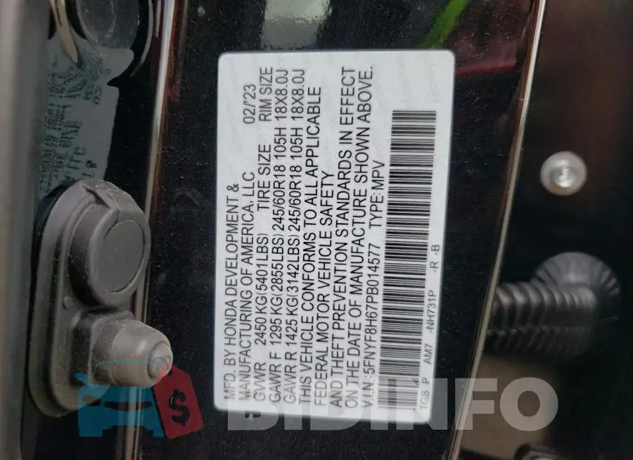 5FNYF8H67PB014577 Photo# 13