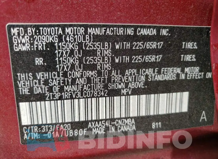 2T3P1RFV3LC078342 Photo# 12