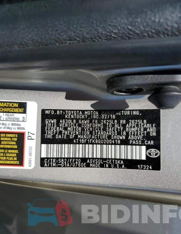 4T1BF1FK8GU200418 Photo# 12