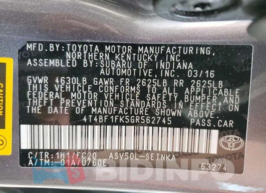 4T4BF1FK5GR562745 Photo# 12