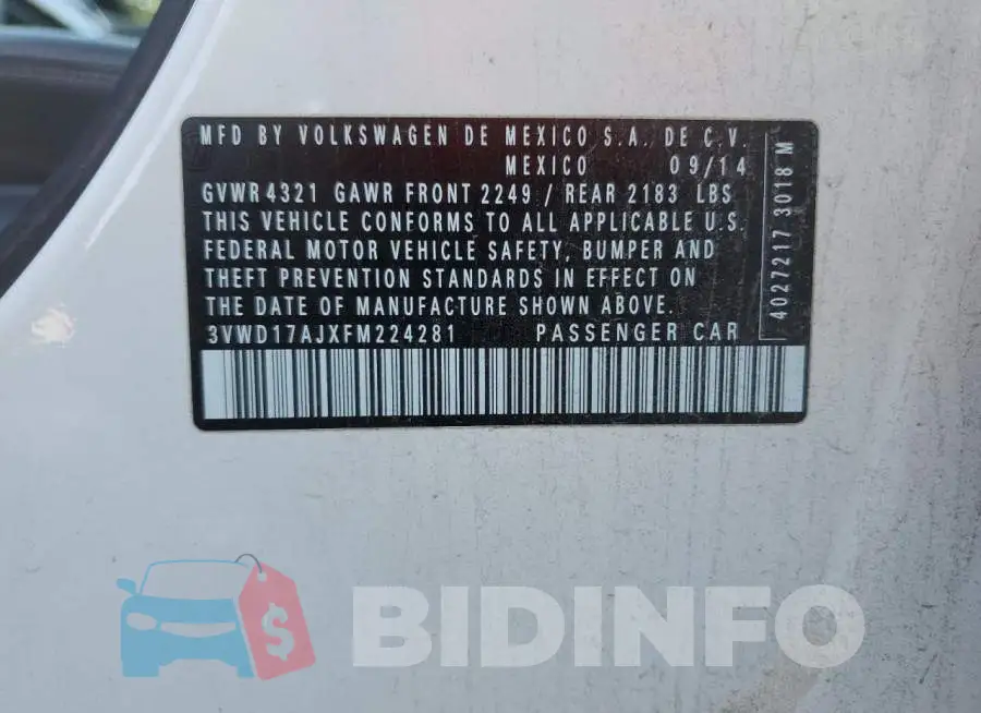 3VWD17AJXFM224281 Photo# 12