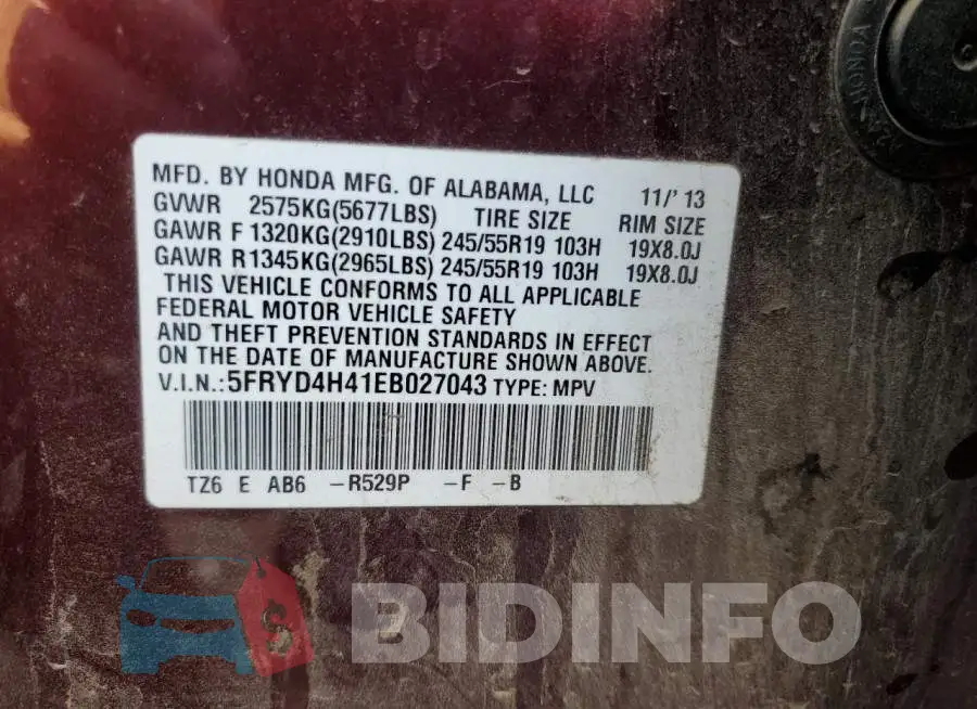 5FRYD4H41EB027043 Photo# 12