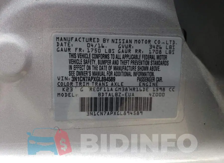 3N1CN7APXGL894589 Photo# 13
