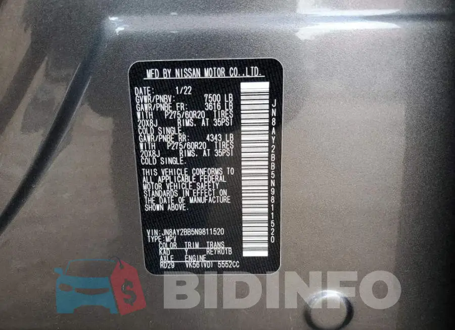 JN8AY2BB5N9811520 Photo# 13