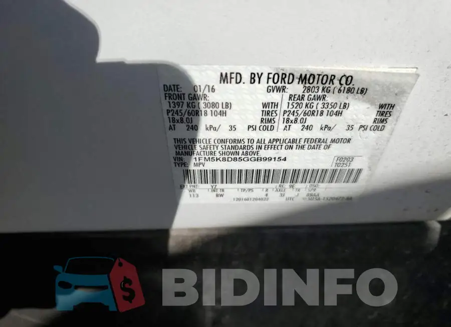 1FM5K8D85GGB99154 Photo# 13