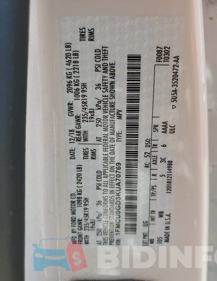 1FMCU0GD3KUA70769 Photo# 14