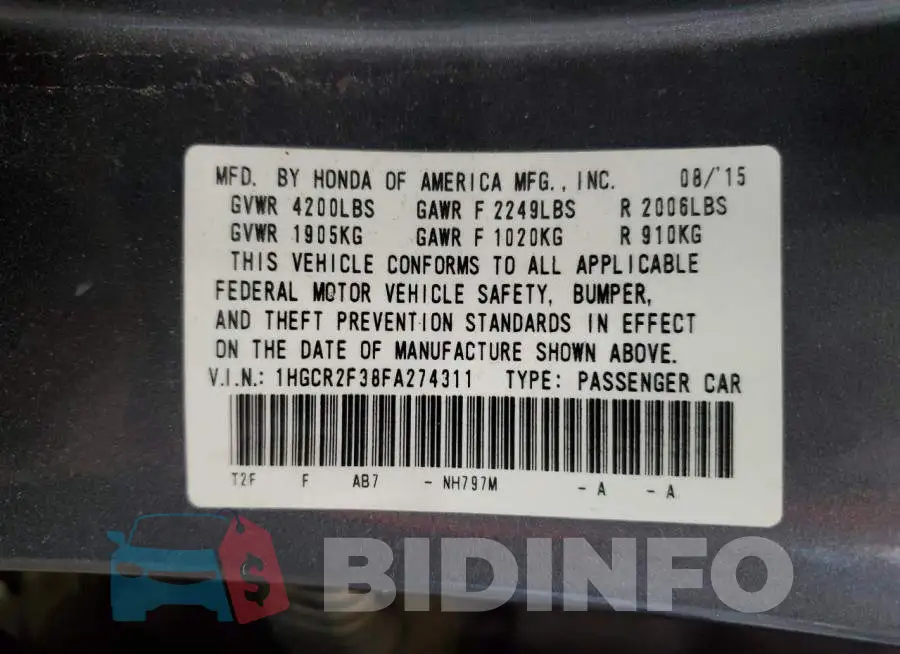 1HGCR2F38FA274311 Photo# 12