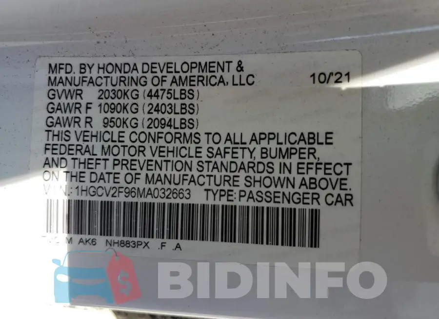 1HGCV2F96MA032663 Photo# 12