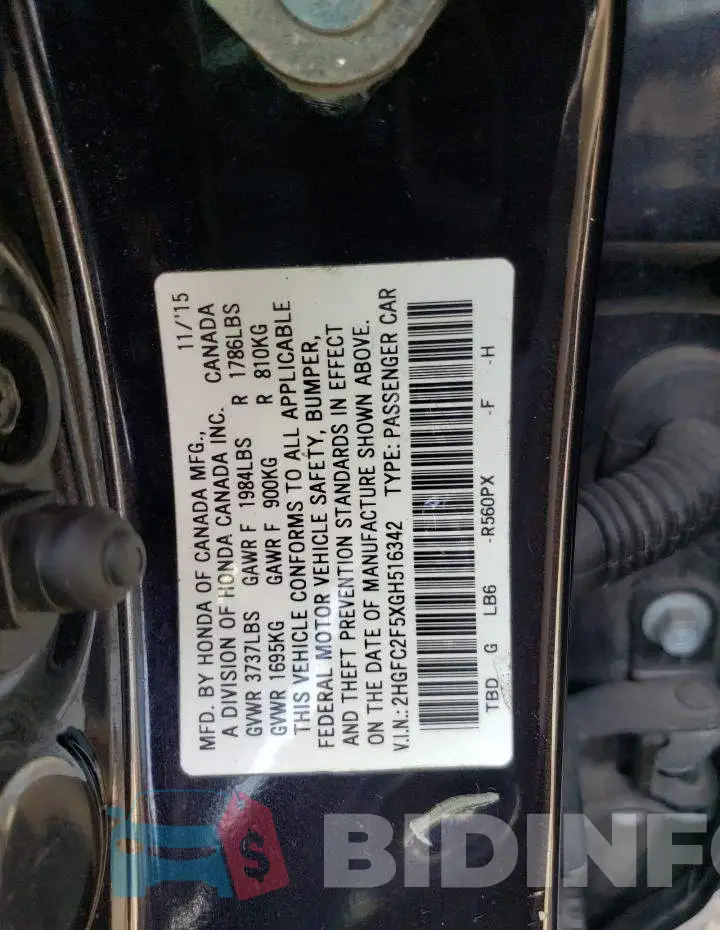 2HGFC2F5XGH516342 Photo# 12