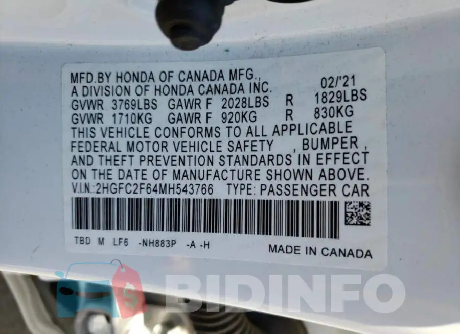 2HGFC2F64MH543766 Photo# 12