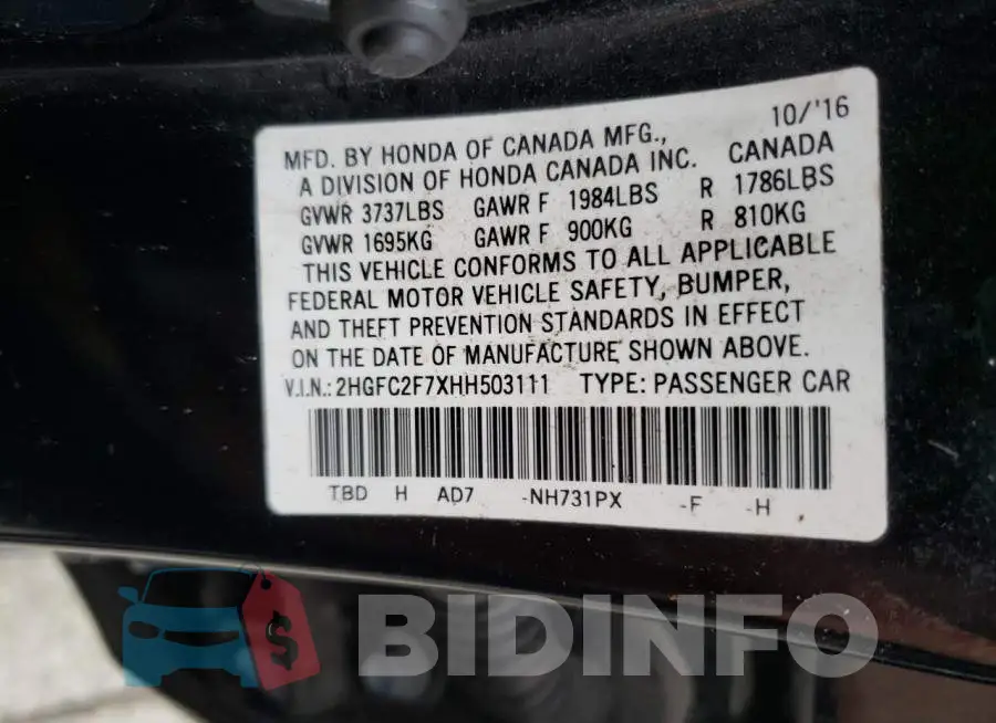 2HGFC2F7XHH503111 Photo# 12