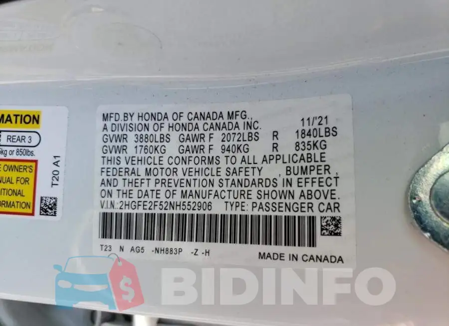 2HGFE2F52NH552906 Photo# 12