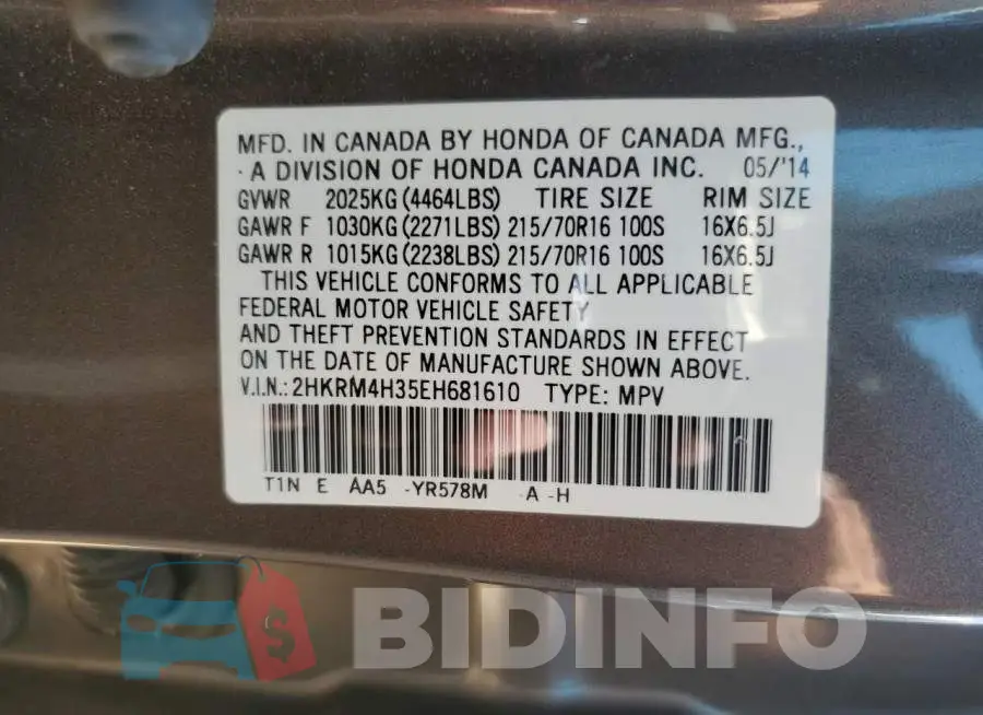 2HKRM4H35EH681610 Photo# 12