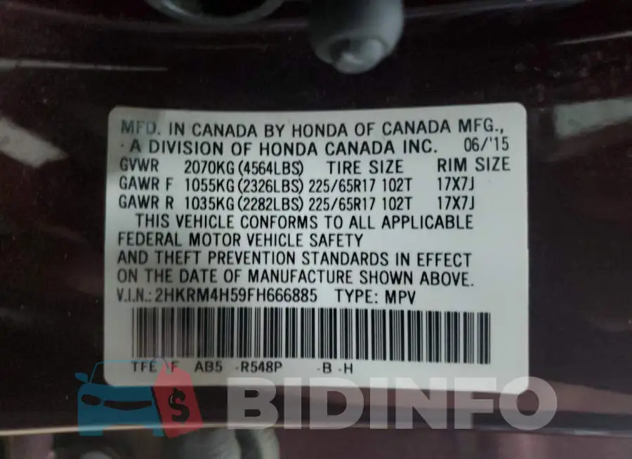 2HKRM4H59FH666885 Photo# 13