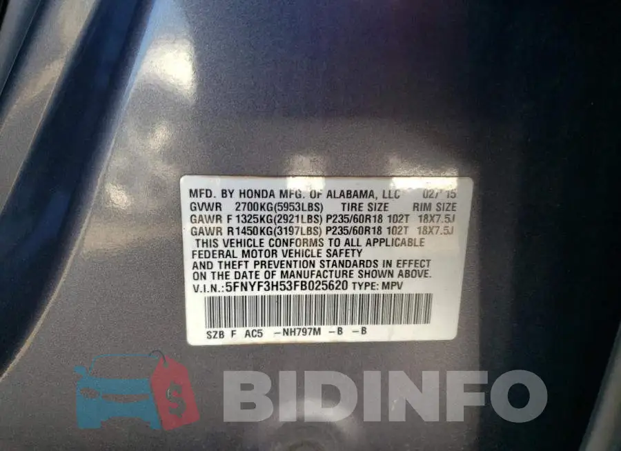 5FNYF3H53FB025620 Photo# 14