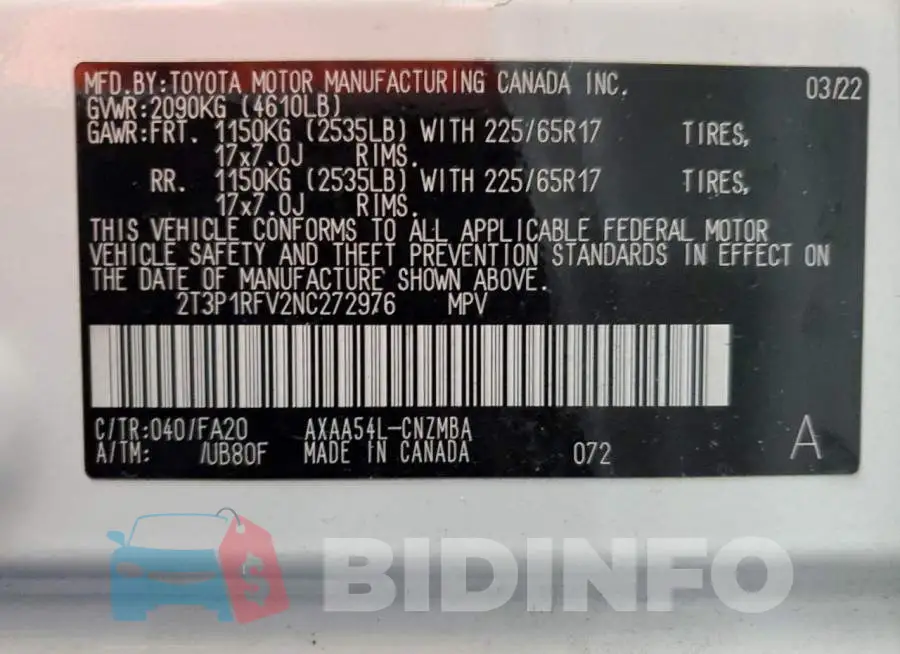 2T3P1RFV2NC272976 Photo# 13