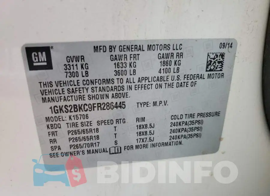 1GKS2BKC9FR286445 Photo# 12