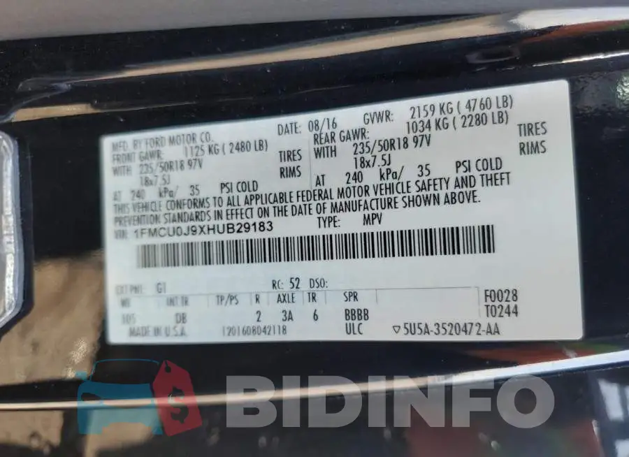 1FMCU0J9XHUB29183 Photo# 13