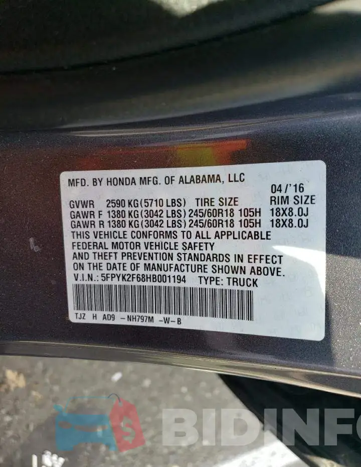 5FPYK2F68HB001194 Photo# 13