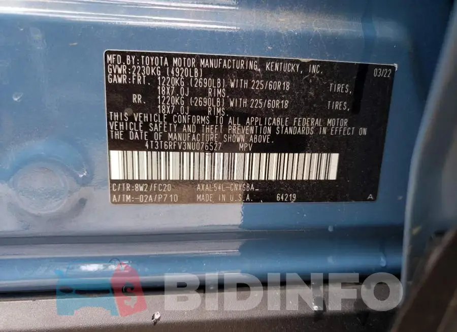 4T3T6RFV3NU076527 Photo# 13