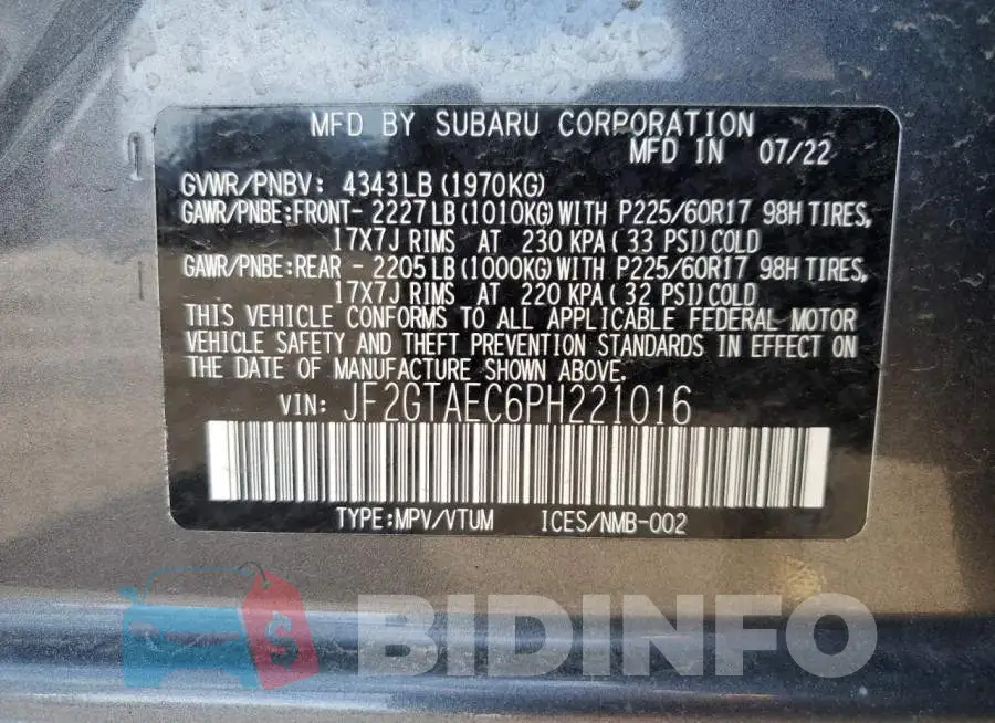 JF2GTAEC6PH221016 Photo# 12