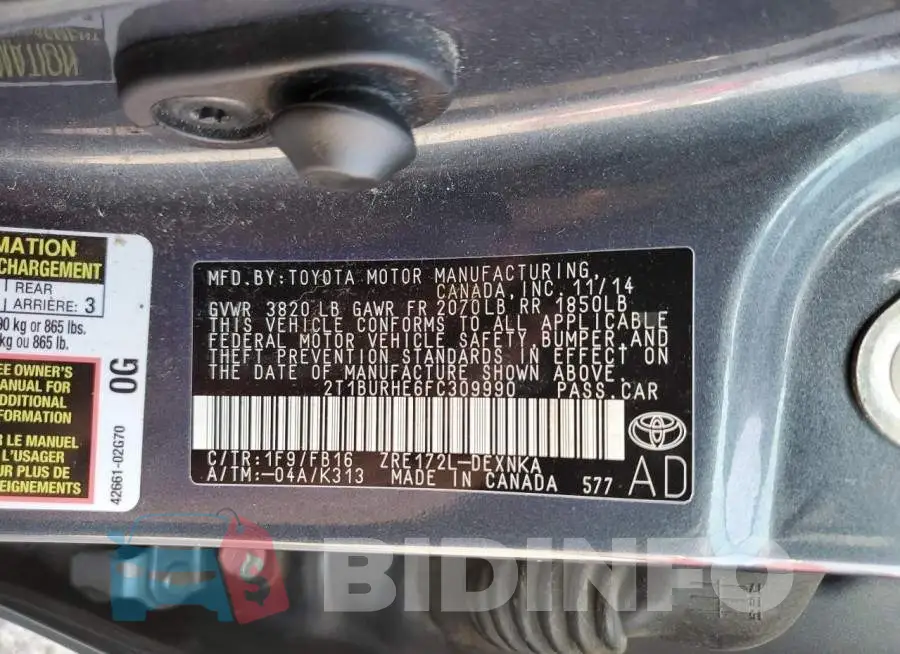 2T1BURHE6FC309990 Photo# 13