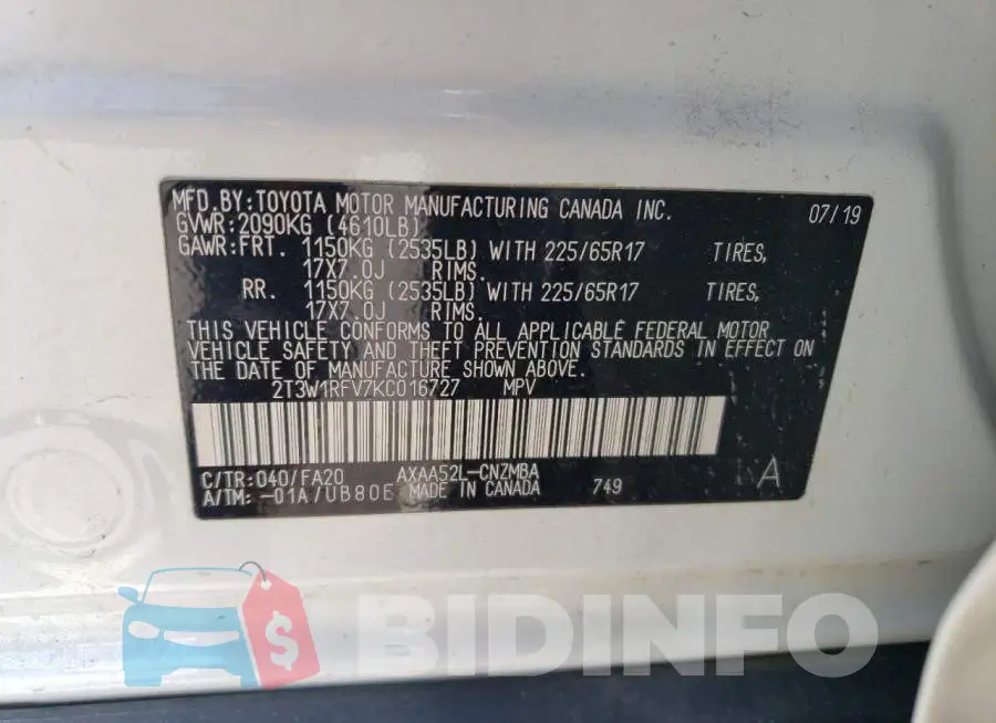 2T3W1RFV7KC016727 Photo# 14