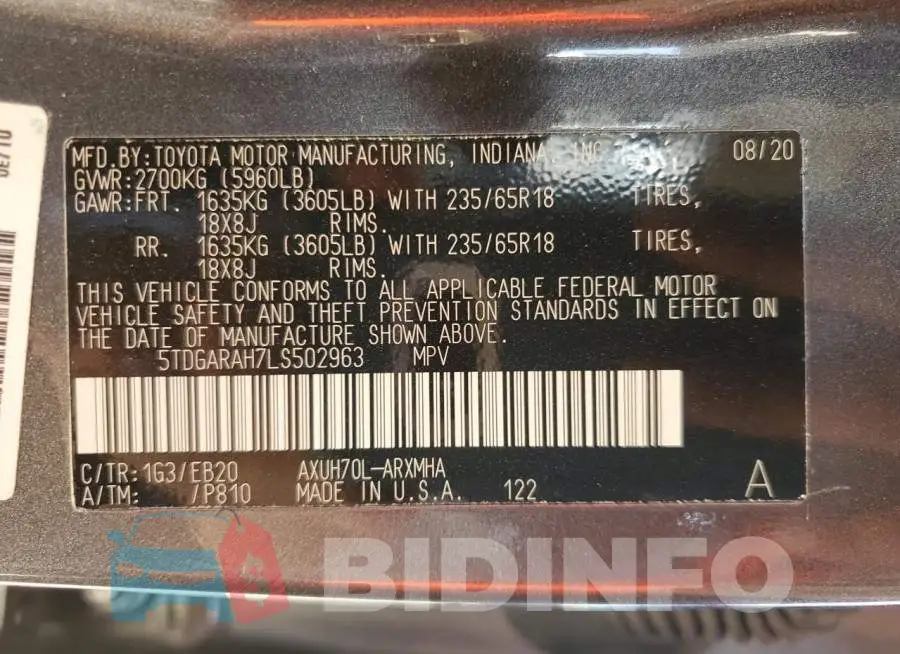 5TDGARAH7LS502963 Photo# 13