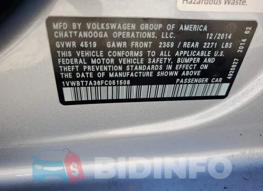 1VWBT7A36FC051508 Photo# 12