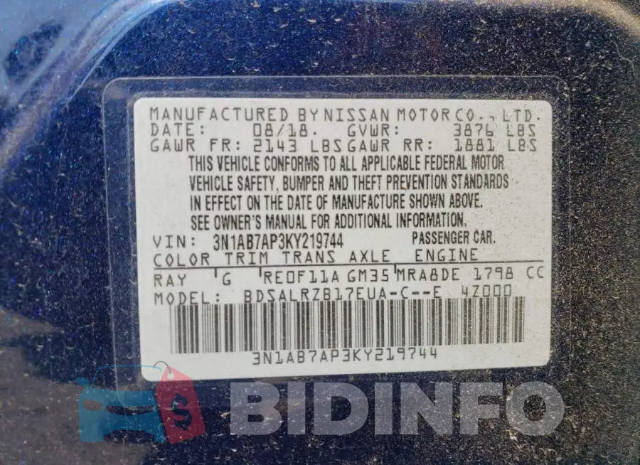 3N1AB7AP3KY219744 Photo# 13