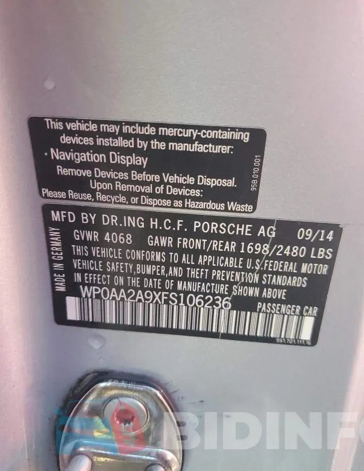 WP0AA2A9XFS106236 Photo# 13