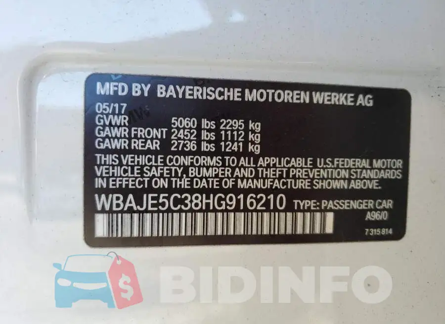 WBAJE5C38HG916210 Photo# 13