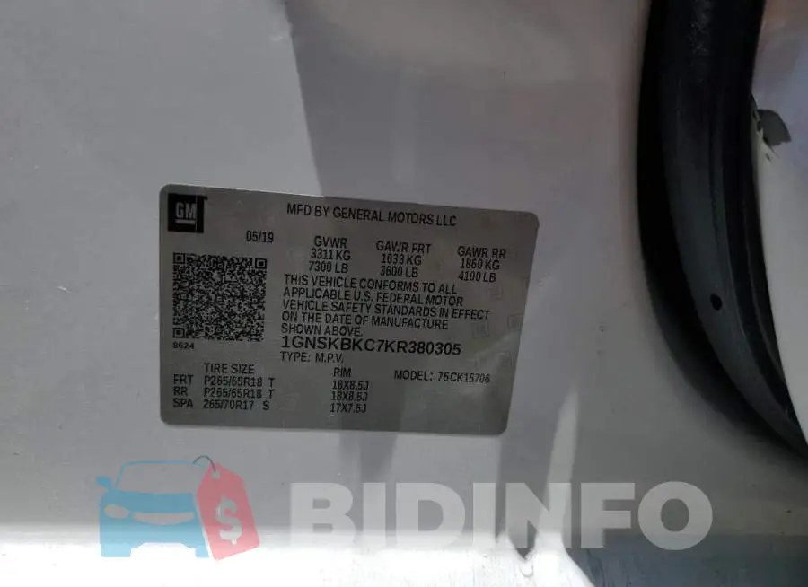 1GNSKBKC7KR380305 Photo# 13