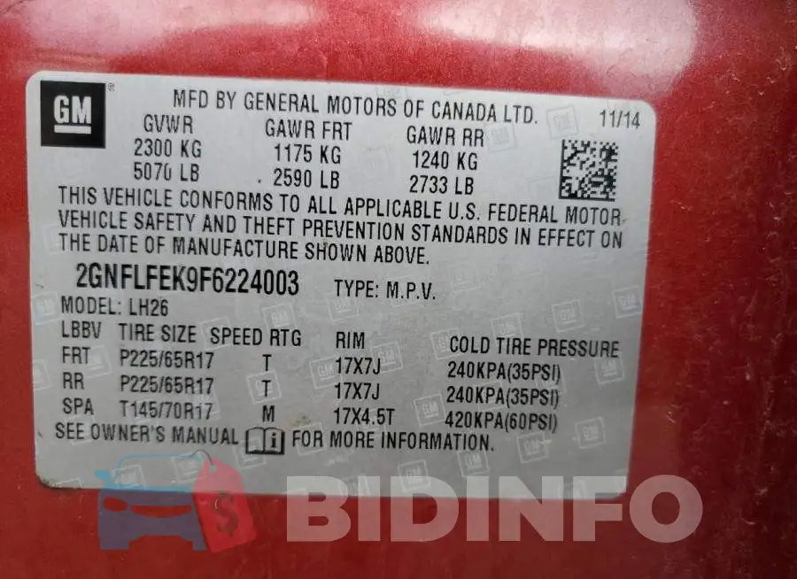 2GNFLFEK9F6224003 Photo# 13