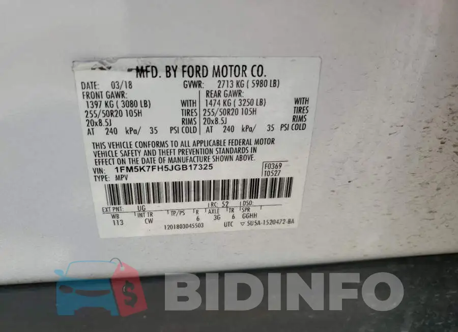 1FM5K7FH5JGB17325 Photo# 13