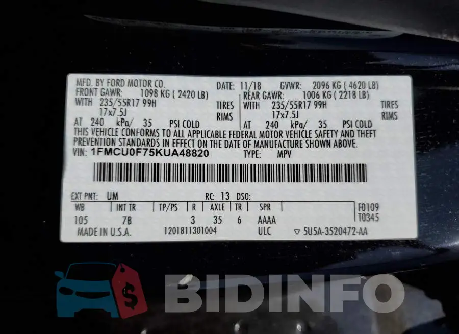 1FMCU0F75KUA48820 Photo# 13