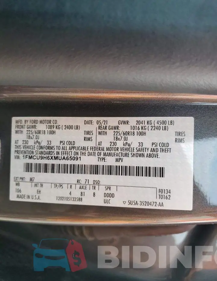 1FMCU9H6XMUA65091 Photo# 12