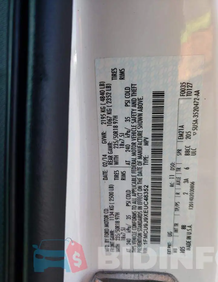 1FMCU9J9XEUC48352 Photo# 13