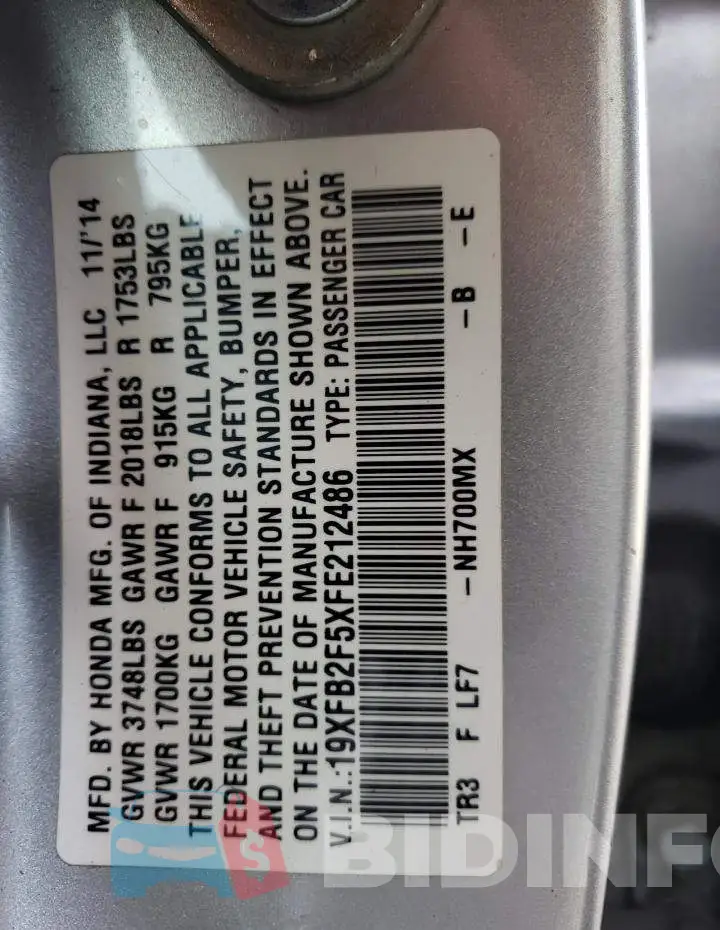 19XFB2F5XFE212486 Photo# 12