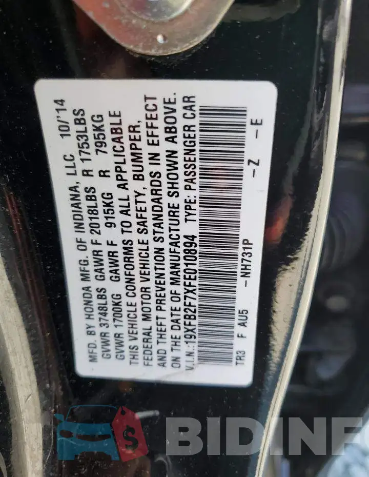 19XFB2F7XFE010894 Photo# 12