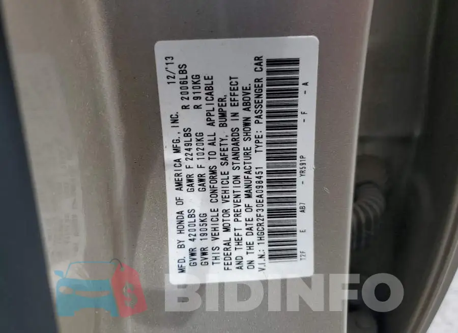 1HGCR2F30EA098451 Photo# 12